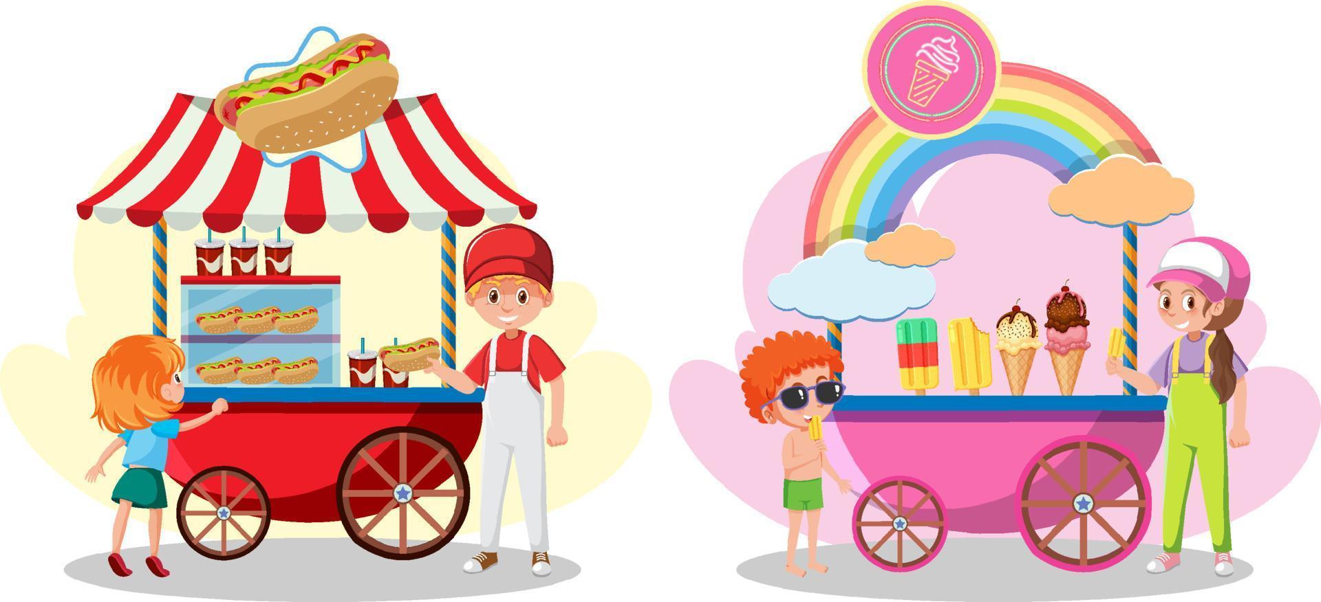 conceito de carrinho de comida de rua com carrinho de sorvete e carrinho de cachorro-quente vetor