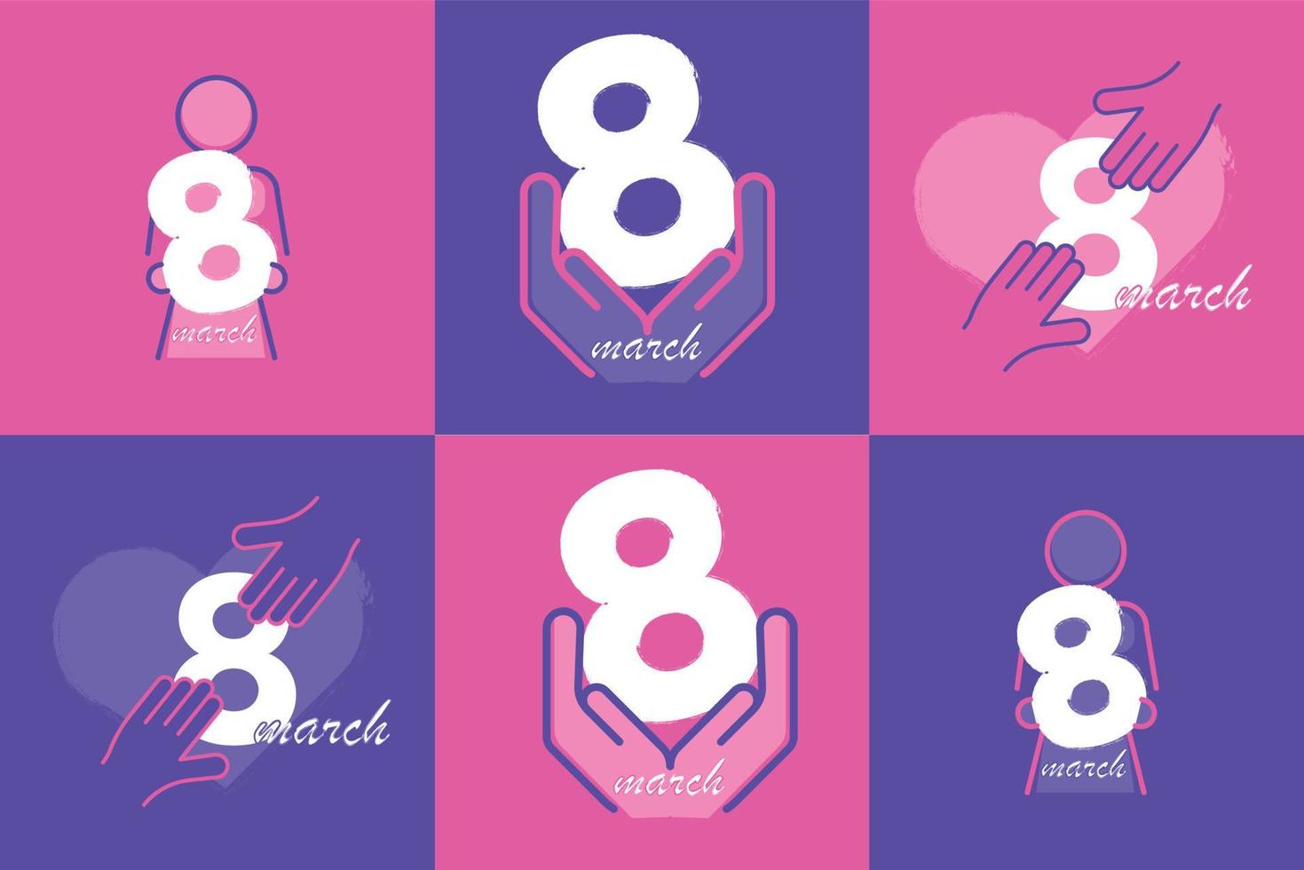 8 de março ícone e conjunto de ícones de design de logotipo. conjunto de logotipo de design do dia internacional da mulher de 8 de março nas cores rosa e roxo. mulher segurando o número 8 na mão, coração e mãos. vetor