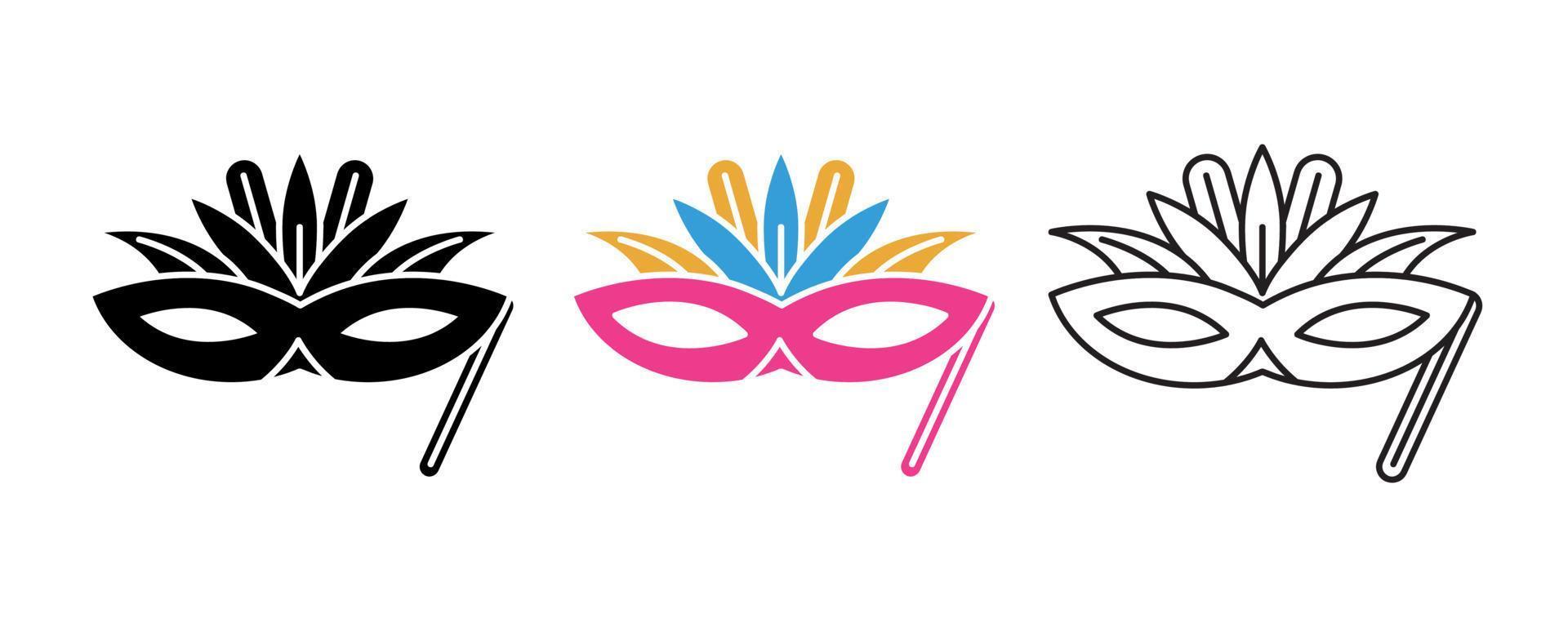 conjunto de ícones de máscara festiva. ícone de linha de carnaval mascarado. conjunto de ícones de festival e evento. silhueta, conjunto colorido e linear. vetor