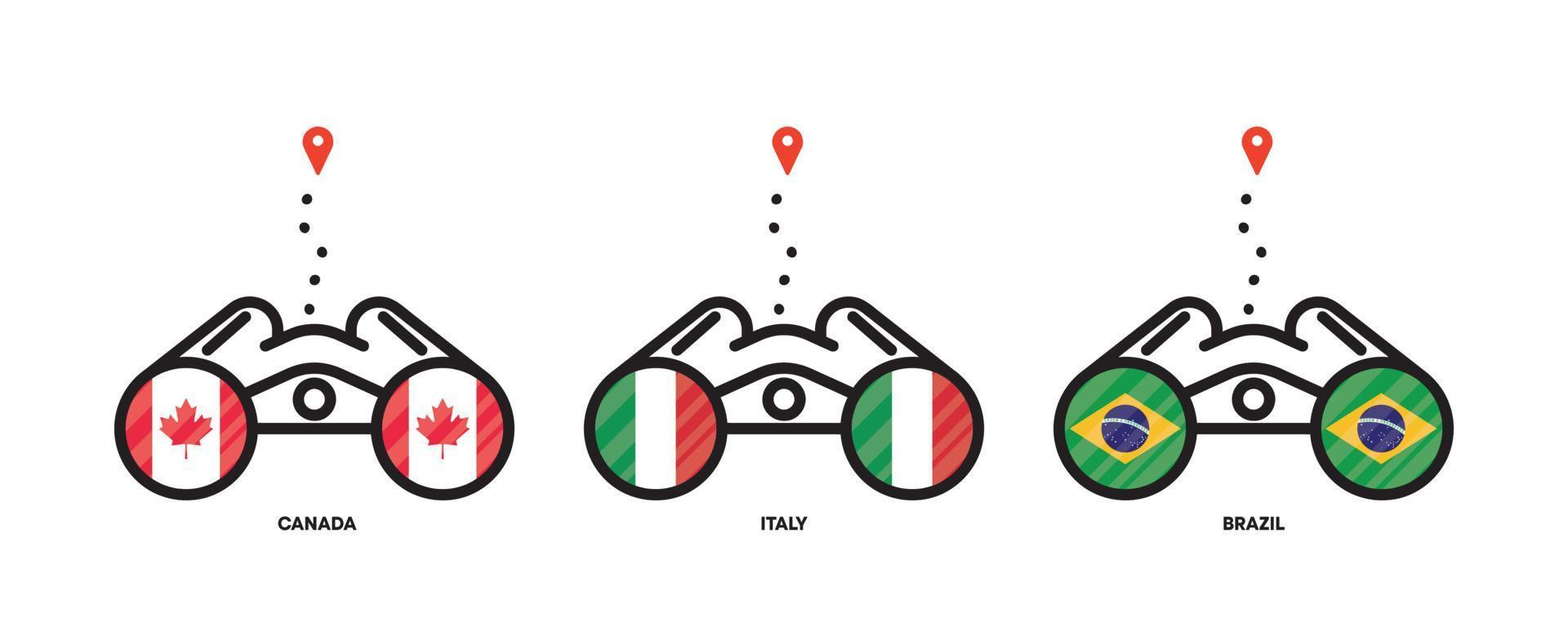 ícones de localização de bandeiras do país. visualizando locais do país com binóculos, ícones de localização para viagens. bandeiras do canadá, itália, brasil. traço editável. vetor