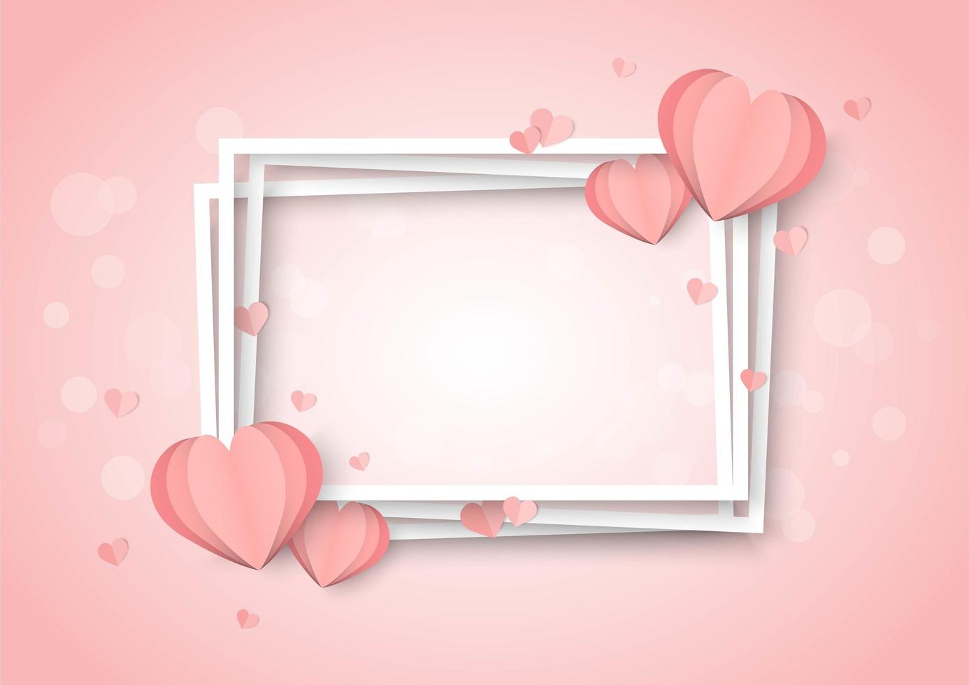 Dia dos namorados rosa fundo com formas de coração e quadros brancos empilhados vetor