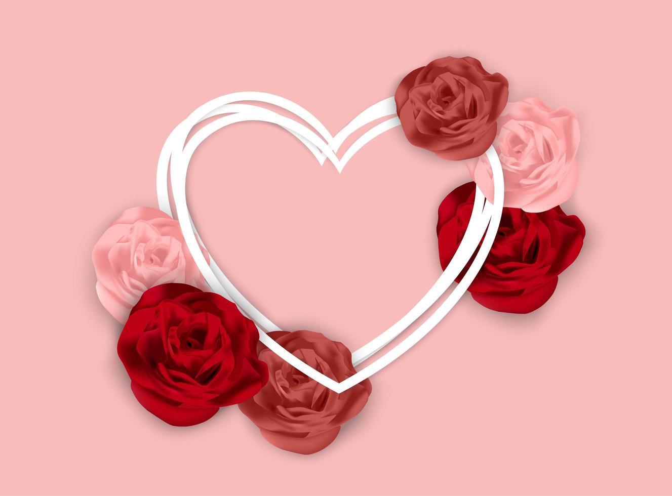 Fundo de dia dos namorados rosa com rosas e moldura de coração em camadas vetor