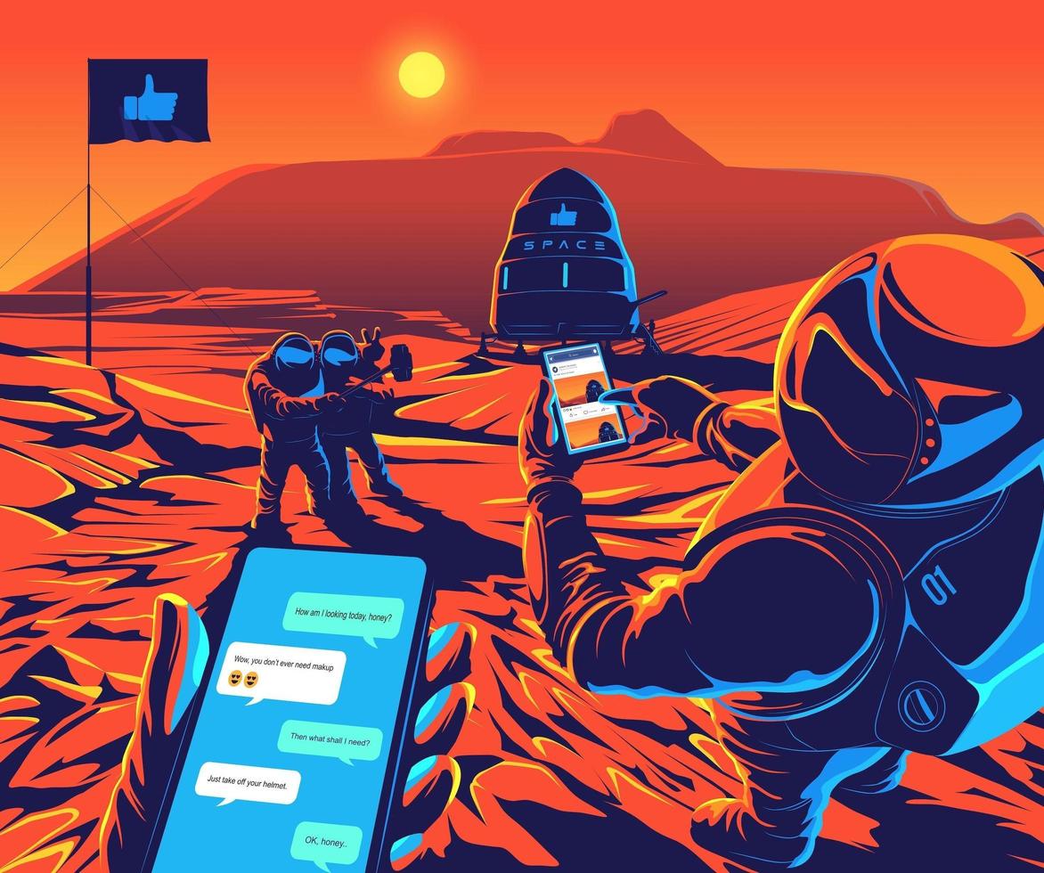 Astronautas pousaram em Marte jogando rede social e tiram uma selfie vetor