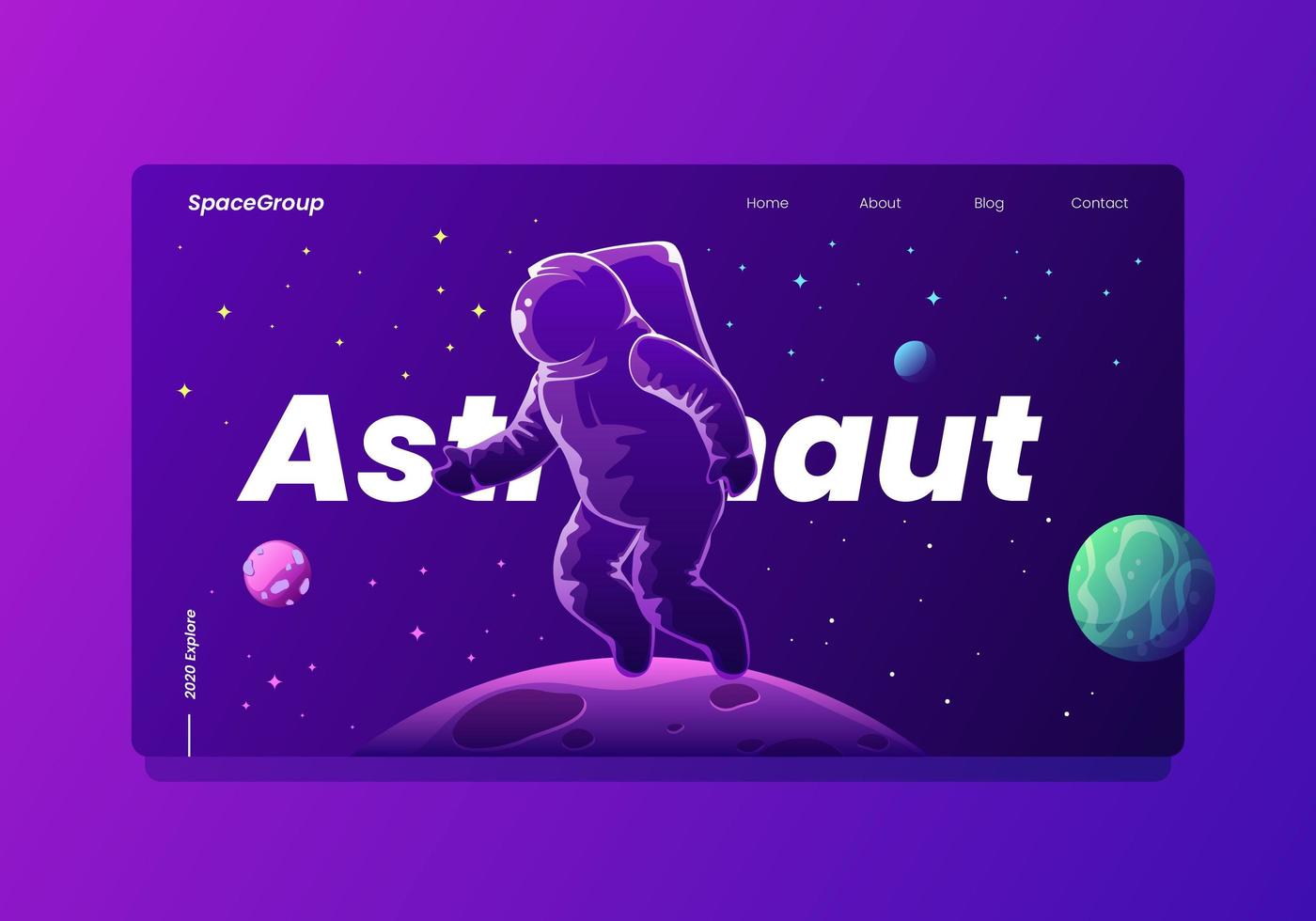 Astronauta no espaço com planetas e estrelas Landing Page vetor