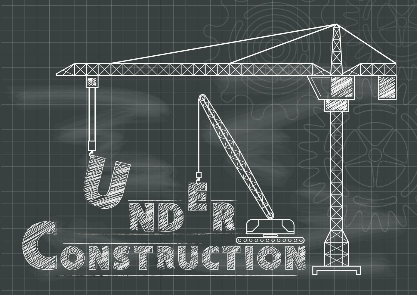 Modelo de lousa sob sinal de construção com guindaste, engrenagens e rodas dentadas vetor