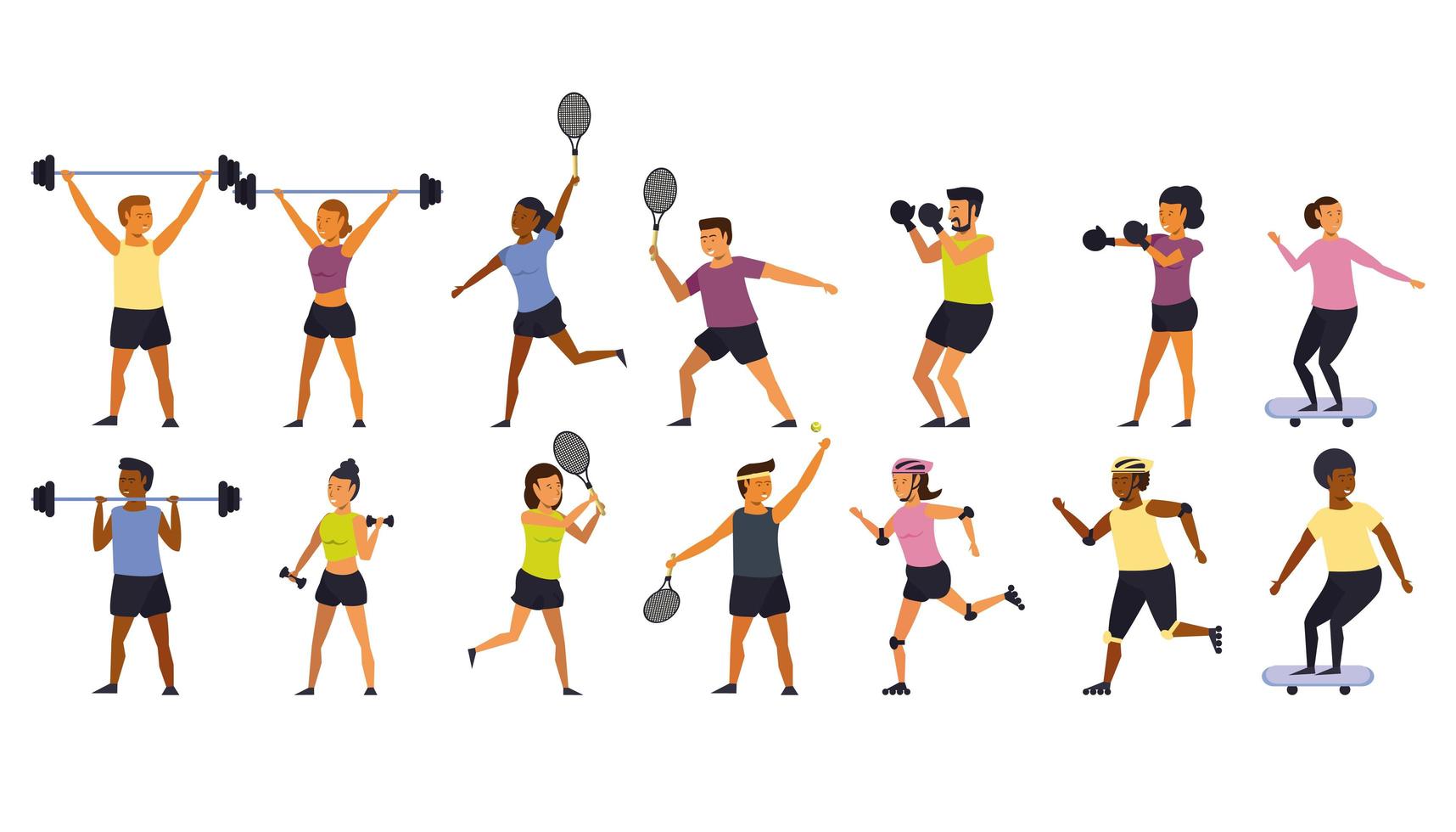 Pessoas exercício e fitness cartoon conjunto vetor