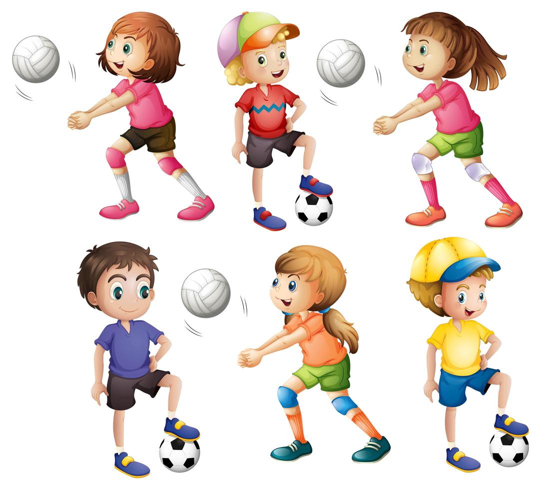 Crianças jogando vôlei e futebol vetor