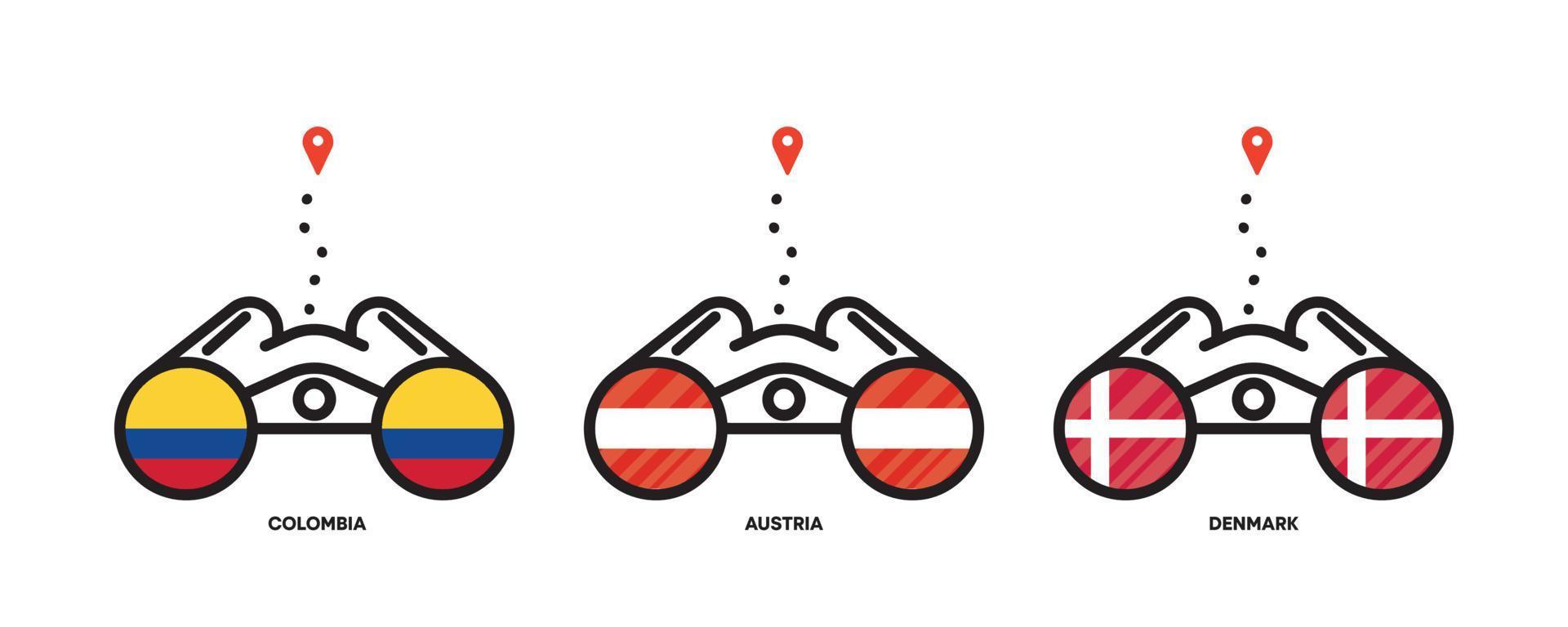 ícones de localização de bandeiras do país. visualizando locais do país com binóculos, ícones de localização para viagens. bandeiras da colômbia, áustria, dinamarca. traço editável. vetor