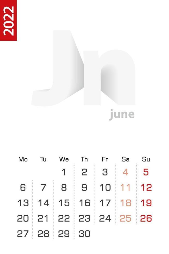 modelo de calendário minimalista para junho de 2022, calendário vetorial em inglês. vetor