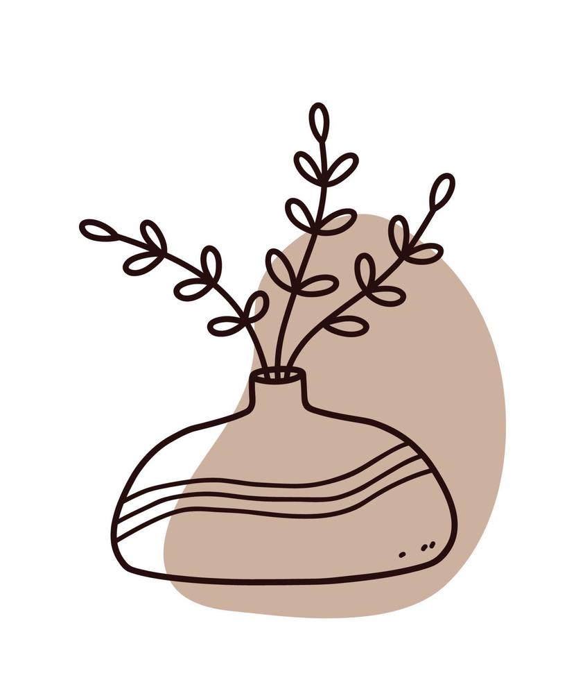 doodle floral abstrato com forma orgânica de cor. vaso minimalista com ramos isolados no fundo branco. ilustração vetorial desenhada à mão. perfeito para cartões, decorações, logotipo, cartazes. vetor