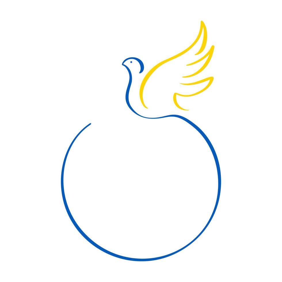 logotipo de pomba linear de caligrafia e moldura redonda para texto nas cores da bandeira ucraniana. parar a guerra na ucrânia. um símbolo de paz. ilustração vetorial isolada no fundo branco vetor