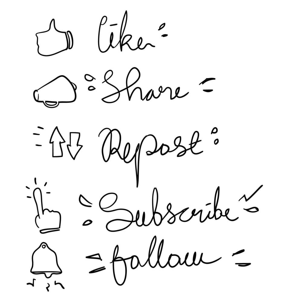 conjunto de como compartilhar repostar assinar seguir vetor de doodle de ilustração de letras de mão