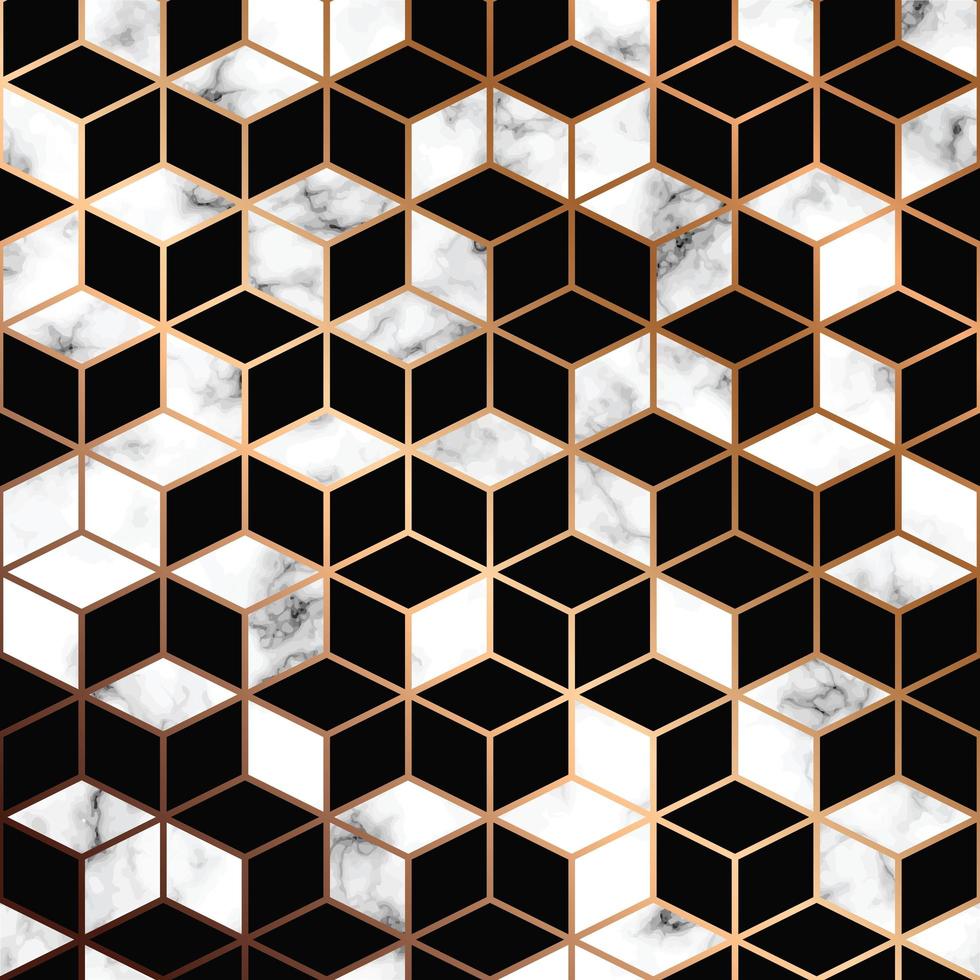 Textura de mármore de vetor, design padrão sem emenda com linhas geométricas douradas e cubos vetor