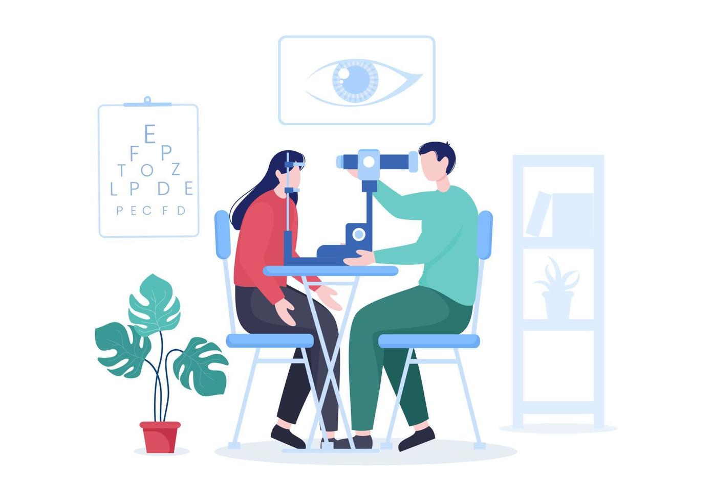 oftalmologia da visão do paciente, teste de olhos ópticos, tecnologia de óculos e escolha de óculos com lente de correção em ilustração plana de desenho animado vetor