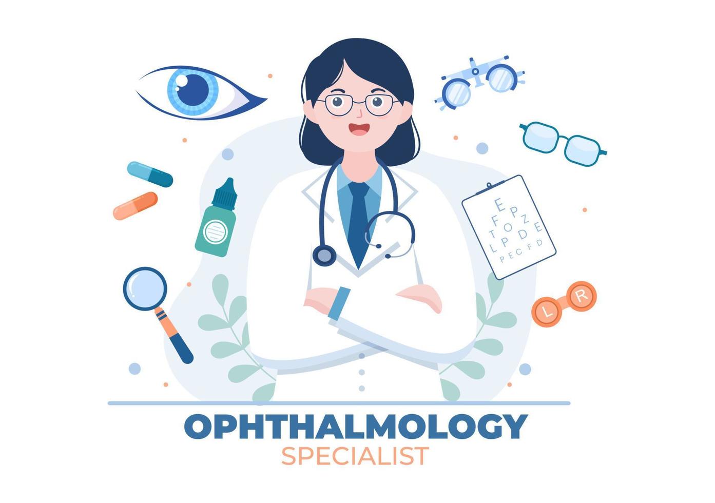 oftalmologia da visão do paciente, teste de olhos ópticos, tecnologia de óculos e escolha de óculos com lente de correção em ilustração plana de desenho animado vetor