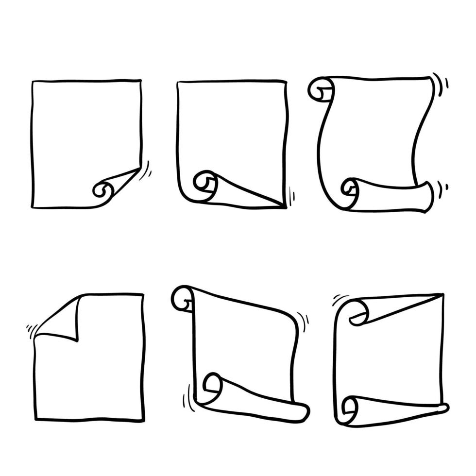 papel enrolado e ilustração de folha de dobra por virar com estilo doodle desenhado à mão vetor