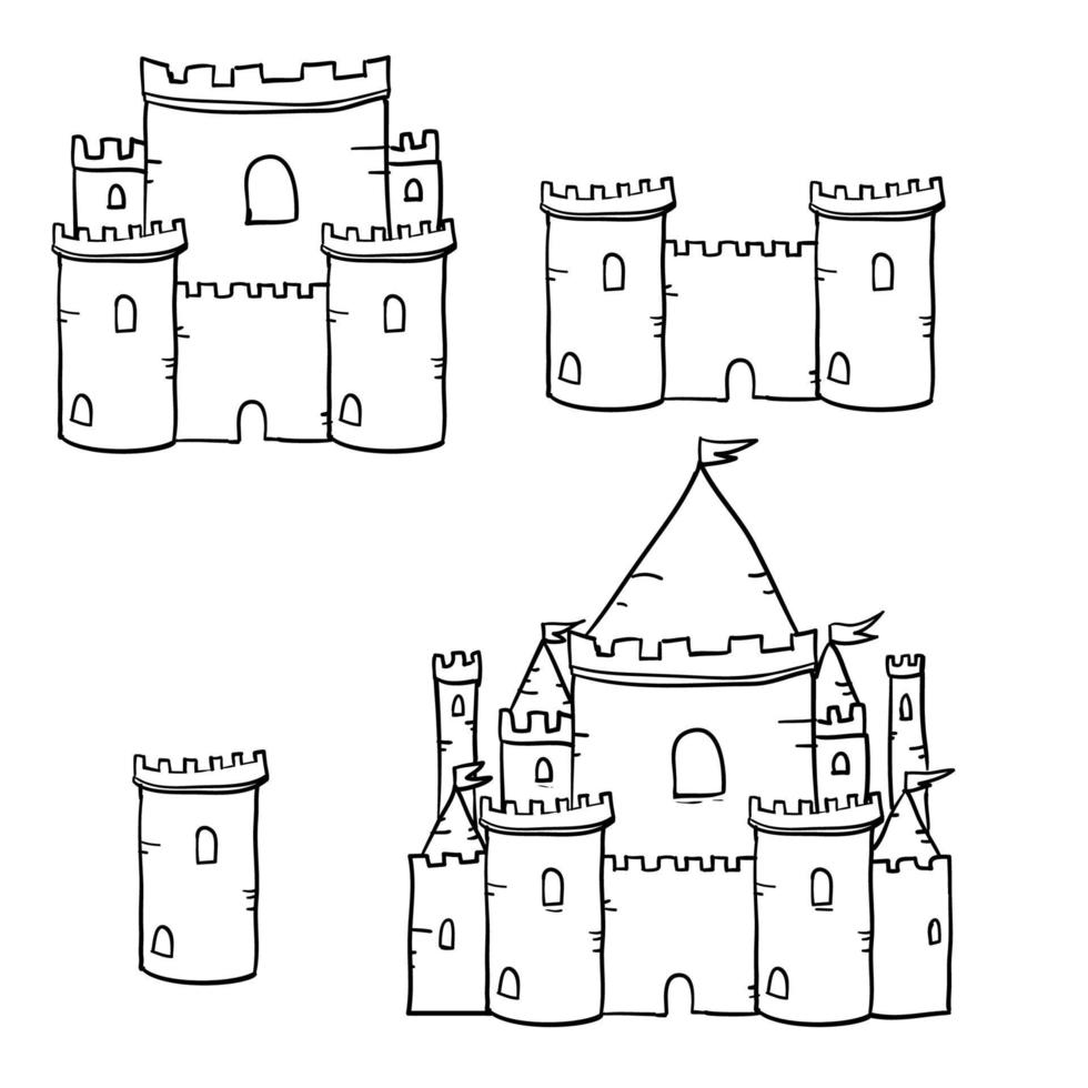 torres de castelos medievais com vetor de doodle desenhado à mão
