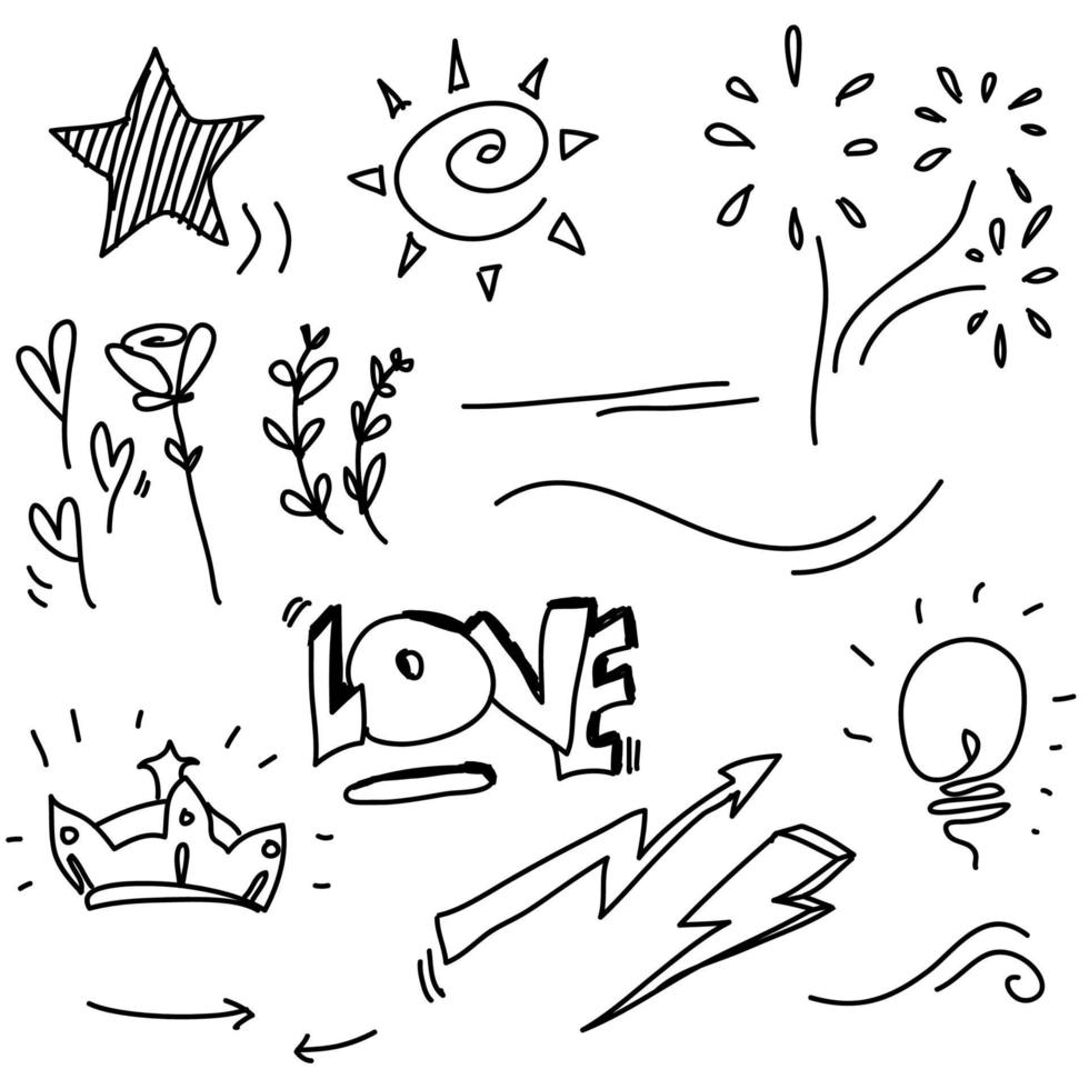 coleção de elementos de doodle desenhados à mão com estilo de desenho animado desenhado à mão vetor
