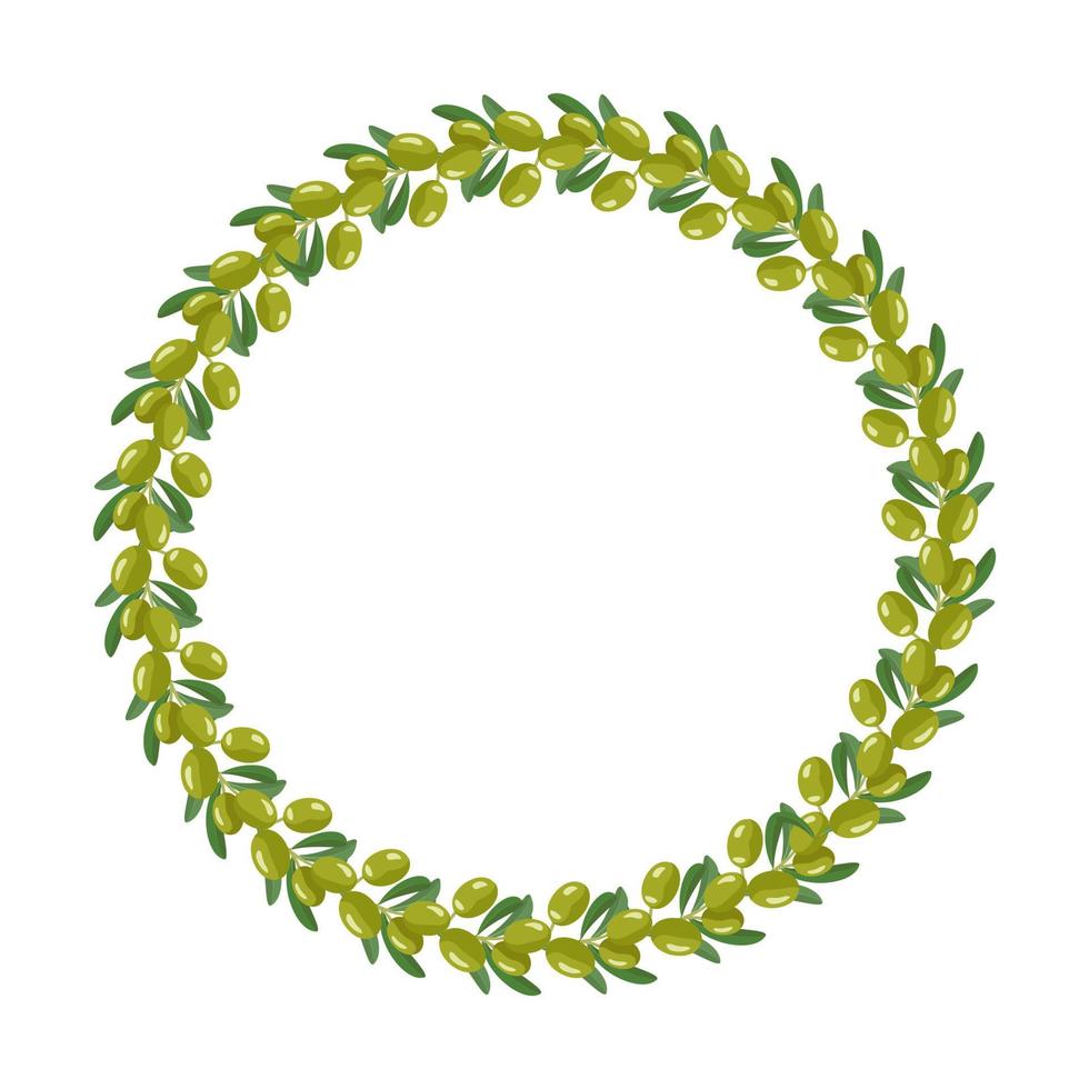 coroa de azeitonas verdes de ramo com frutas e folhas. moldura redonda, comida tradicional grega. decorações de férias para casamento, férias, cartão postal, pôster e design. ilustração vetorial vetor