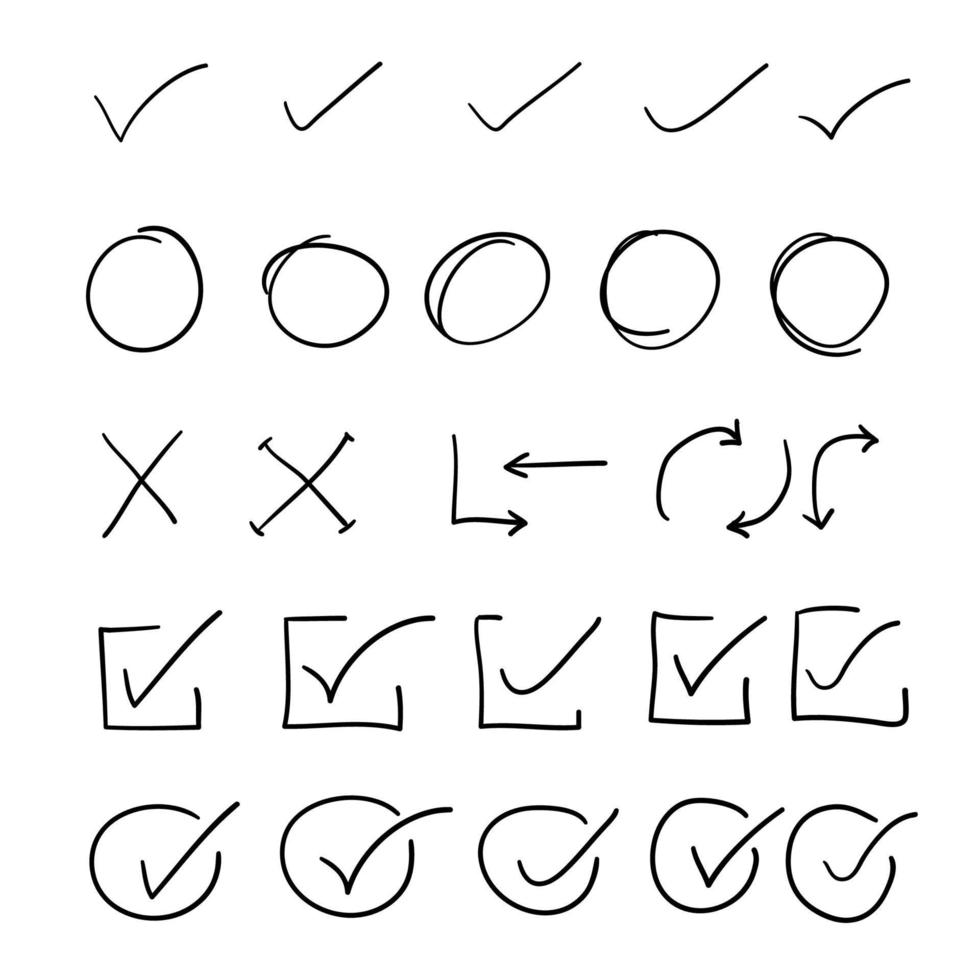 sinais de cheque desenhados à mão e vetor de ilustração de coleção de seta
