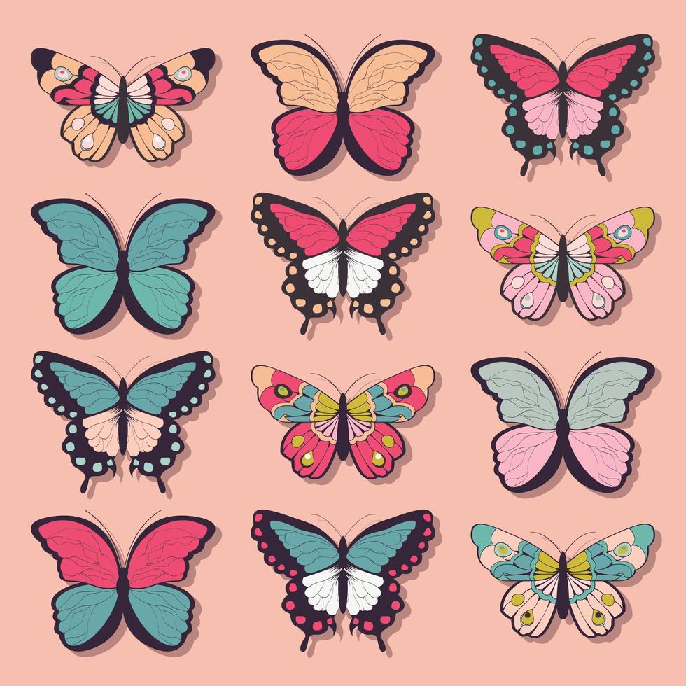 Coleção de doze borboletas coloridas mão desenhada vetor