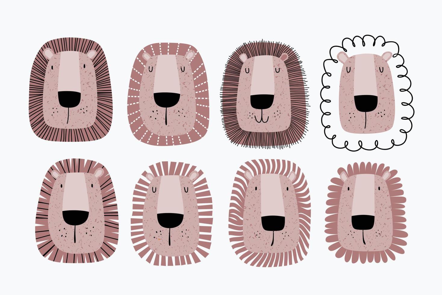 conjunto de rostos de leão fofo. gráfico de crianças para impressão ou pôster. vetor