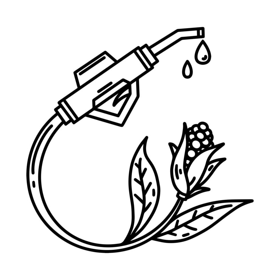 gasolina ou pistola de gás com ícone de vetor de biocombustível. mão desenhada ilustração isolada no fundo branco. energia verde do milho. combustível ecológico alternativo, esboço eco monocromático
