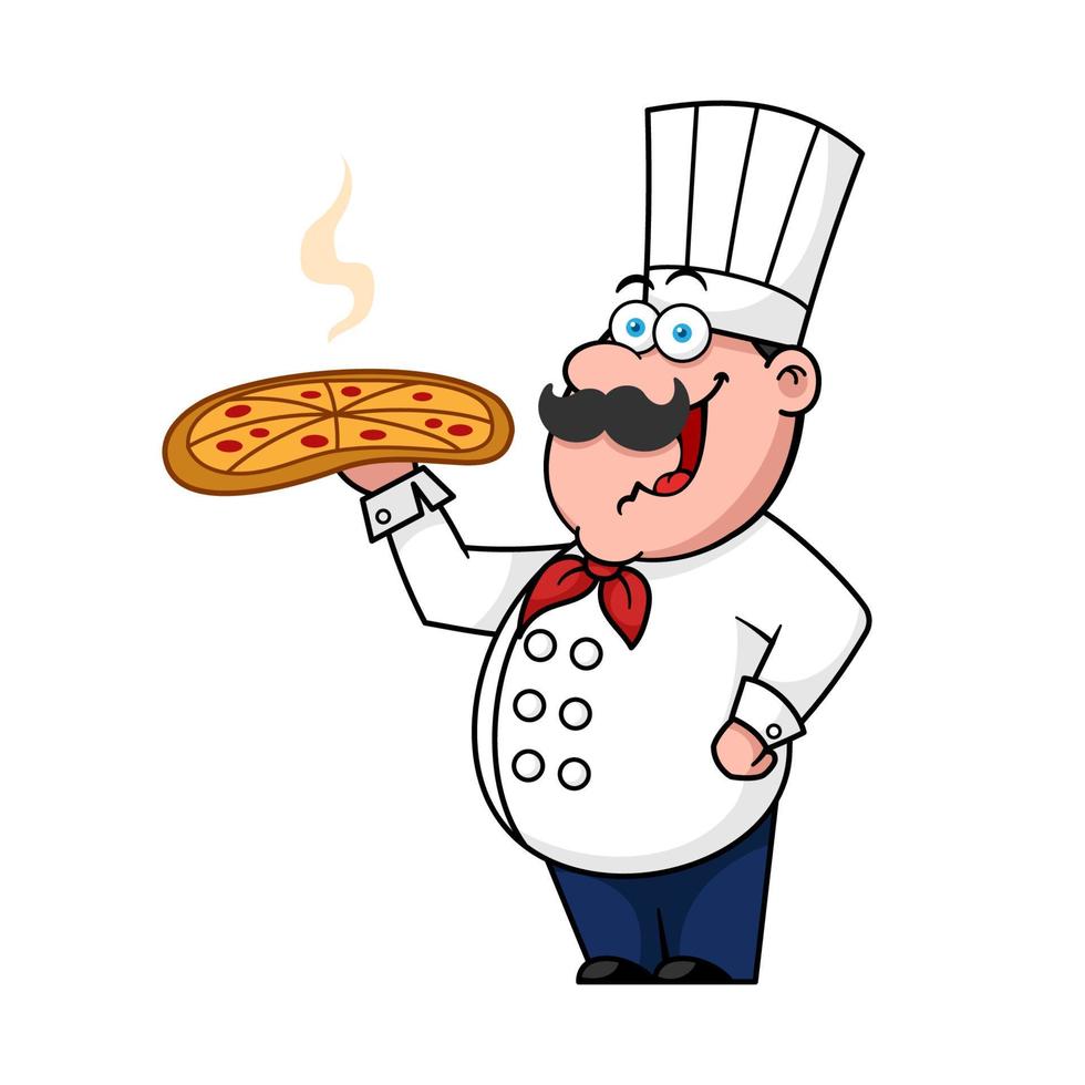 chef de desenho animado segurando uma deliciosa pizza vetor