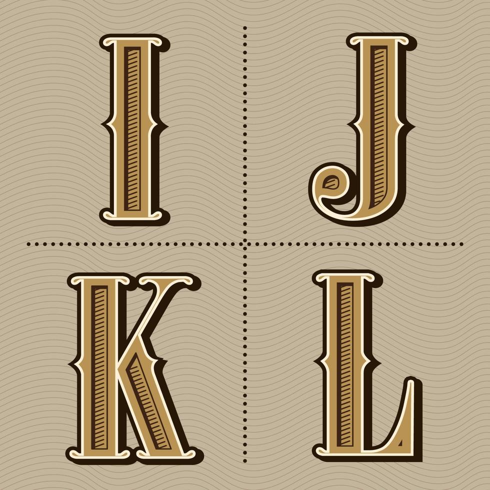 letras do alfabeto ocidental design vintage vetor i, j, k, l
