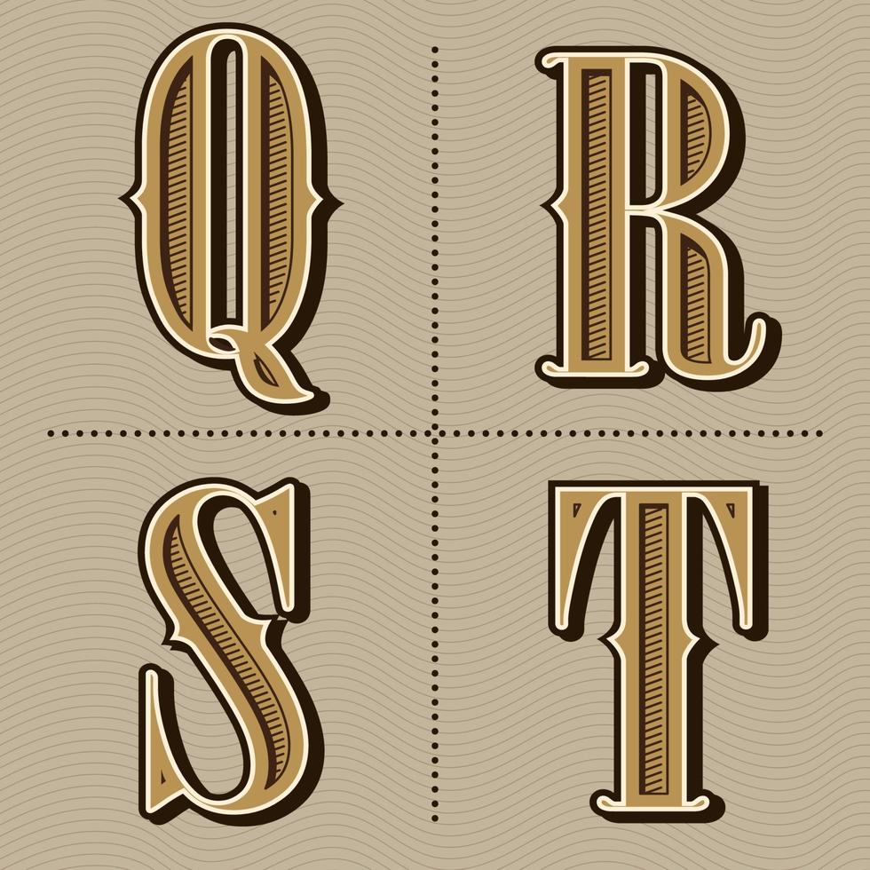 letras do alfabeto ocidental design vintage vetor q, r, s, t