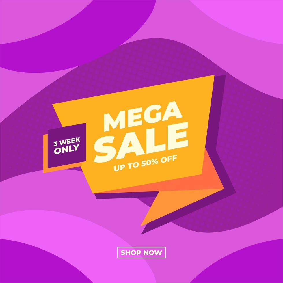 mega venda promoção de banner de venda abstrato amarelo e roxo compre agora vetor