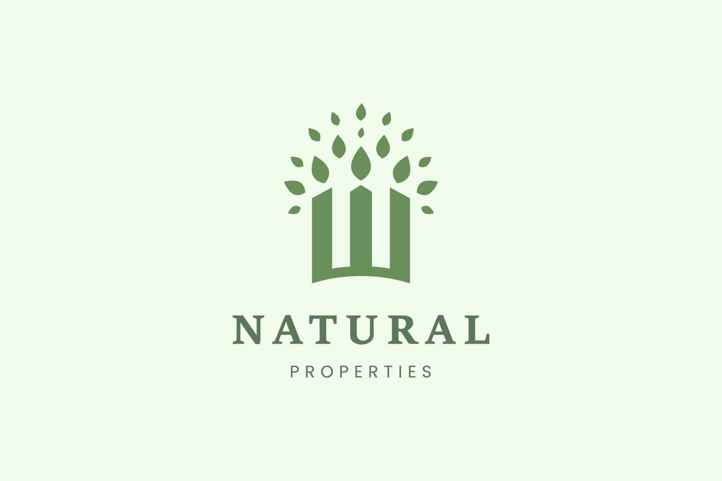 letra w logotipo da propriedade com três edifícios e folhas vetor
