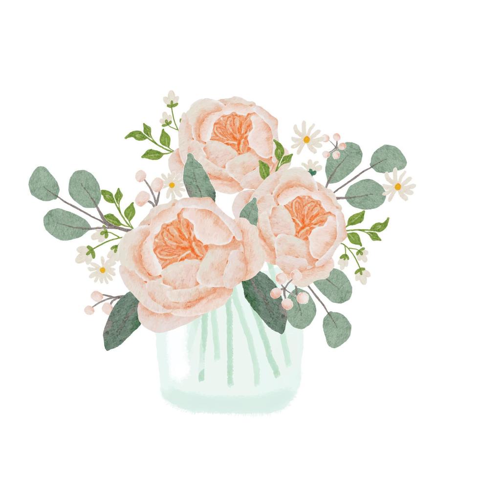 aquarela laranja pêssego florescendo arranjo de buquê rosa em clipart de vidro isolado no fundo branco vetor