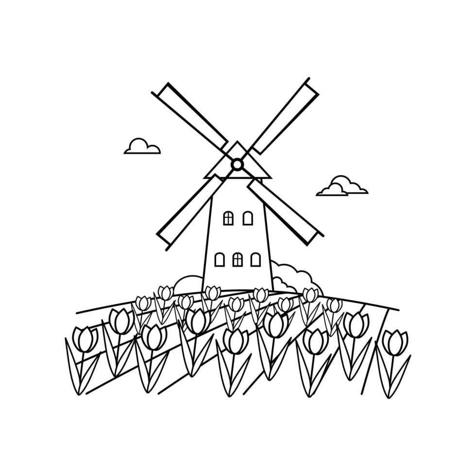 página para colorir. paisagem holandesa com velho moinho de vento e ilustração vetorial de campos de tulipa vetor