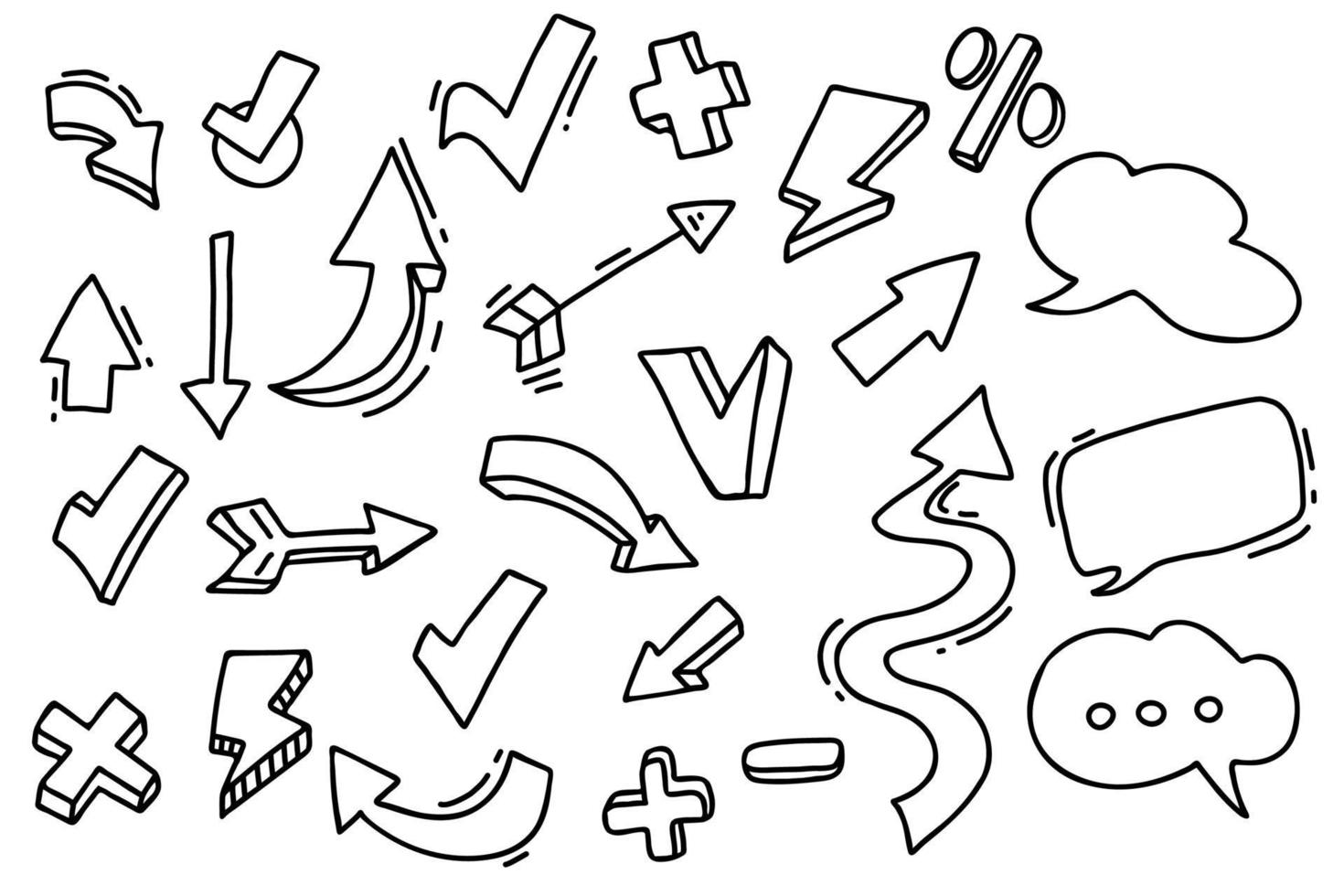 conjunto de elementos de seta. ilustração vetorial. símbolos e sinais, setas de diferentes formas e nuvem de bolhas no estilo doodle desenhado à mão linear. para desenho de esboço e decoração vetor