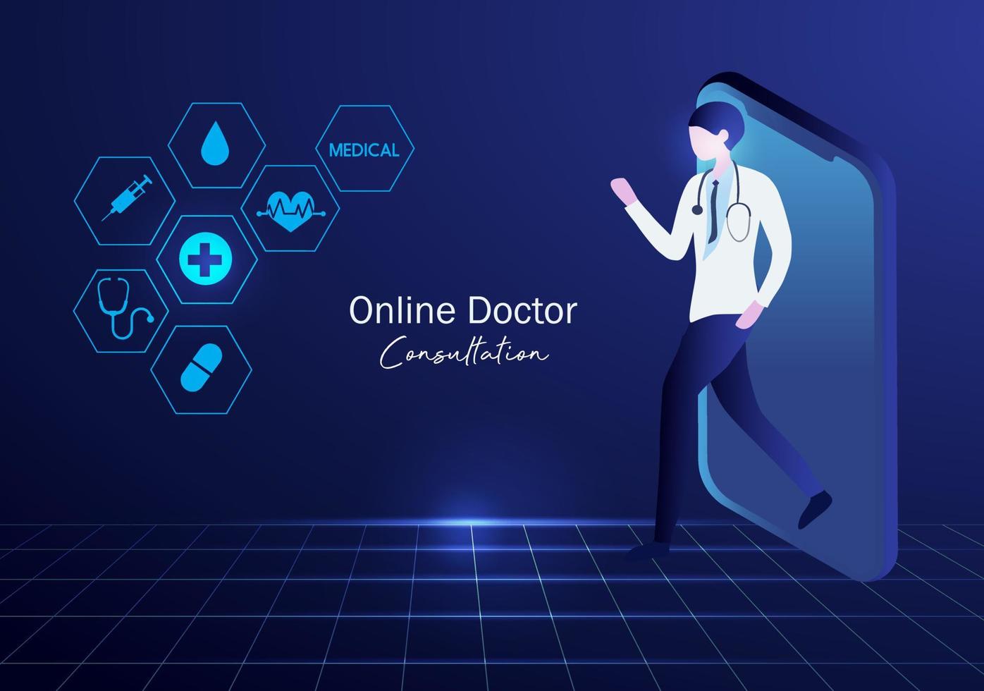 médico on-line e conceito de comunicação médica, paciente mulher consultando saúde com ilustração vetorial de médico vetor