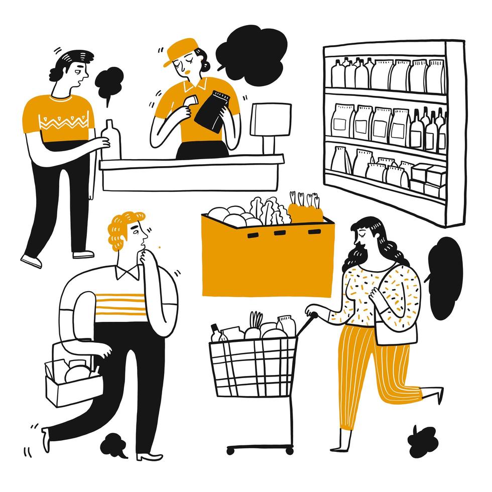 Pessoas dos desenhos animados, fazer compras no supermercado vetor