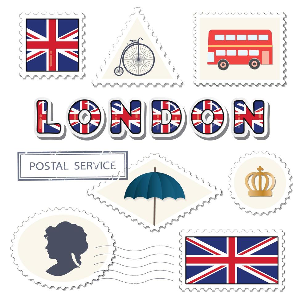 Conjunto de porte postal de Londres. Selos britânicos decorativos. vetor