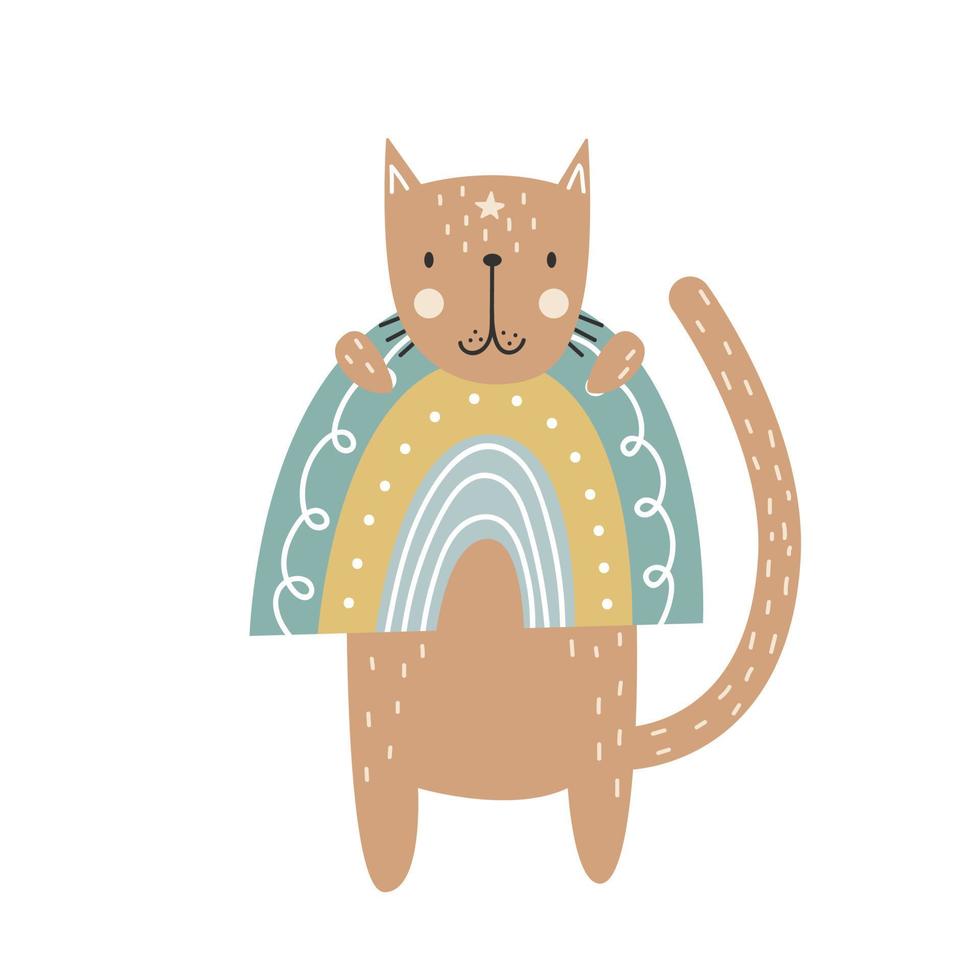 gato bonito com um arco-íris. ilustração vetorial. vetor