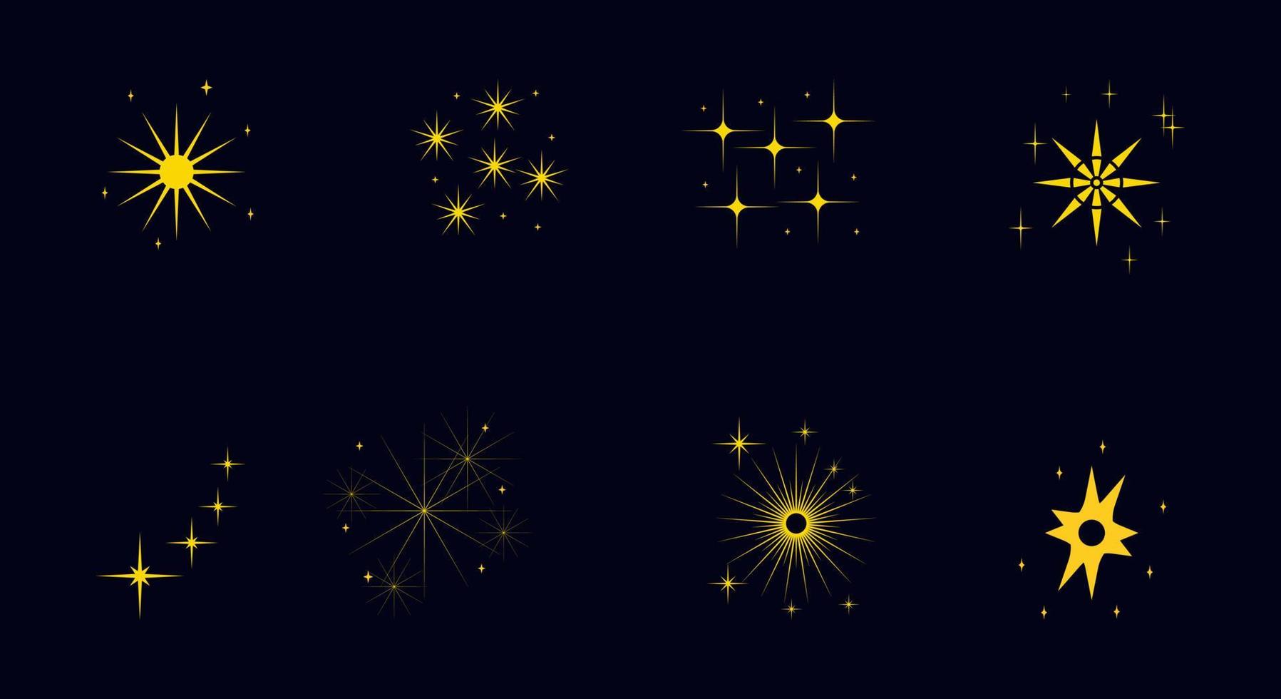 decoração de fundo, símbolo, estrelas, amarelo, laranja, ano novo. conjunto de ilustração de ícones de estrelas, fogos de artifício, céu, starligh vetor