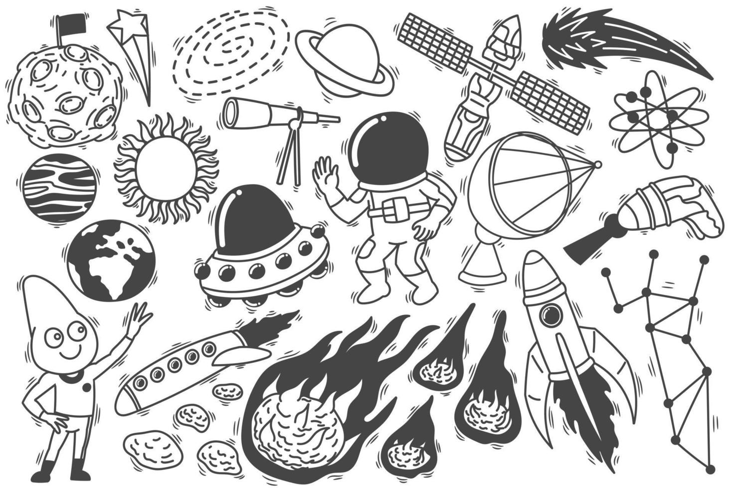 conjunto de astronauta desenhado à mão preto e branco. vetor
