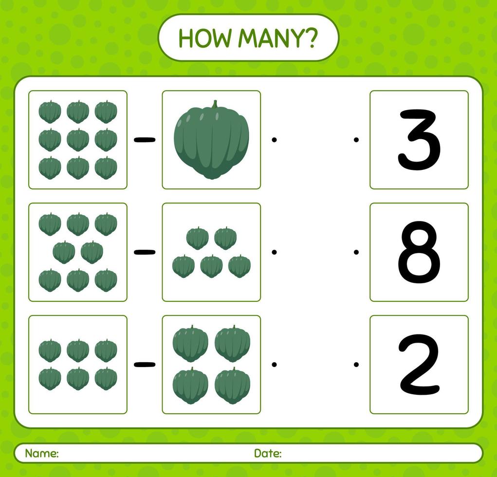 quantos jogo de contagem com abóbora bolota. planilha para crianças pré-escolares, folha de atividades para crianças, planilha para impressão vetor