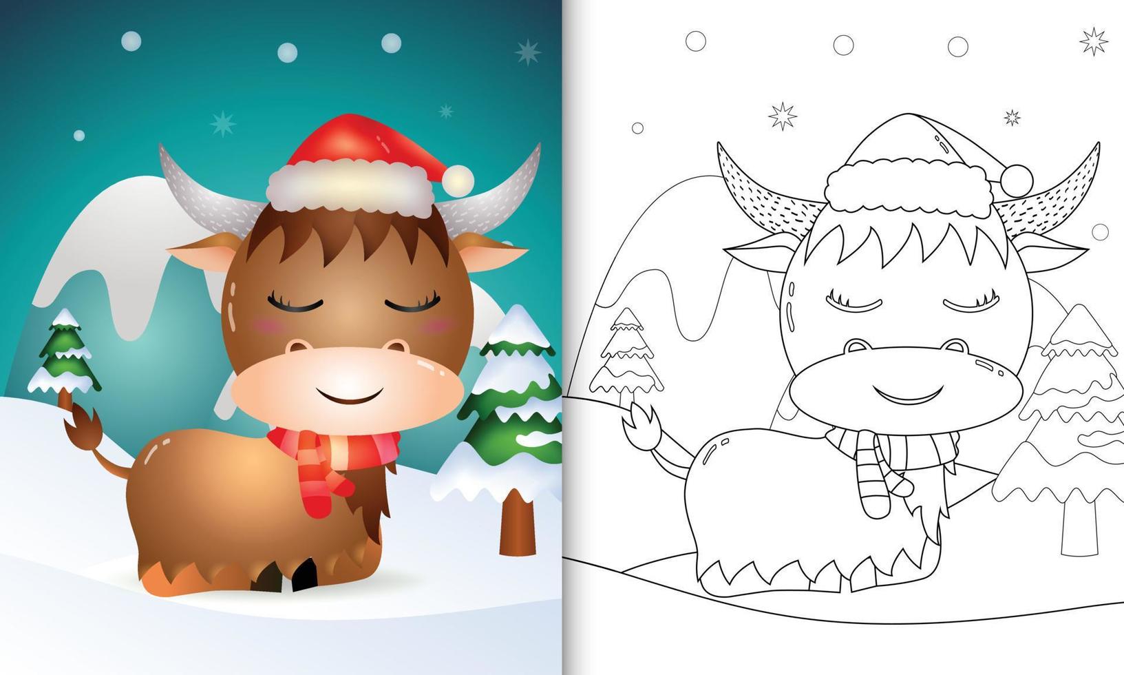livro de colorir com personagens de natal de búfalo fofo com um chapéu de papai noel e cachecol vetor