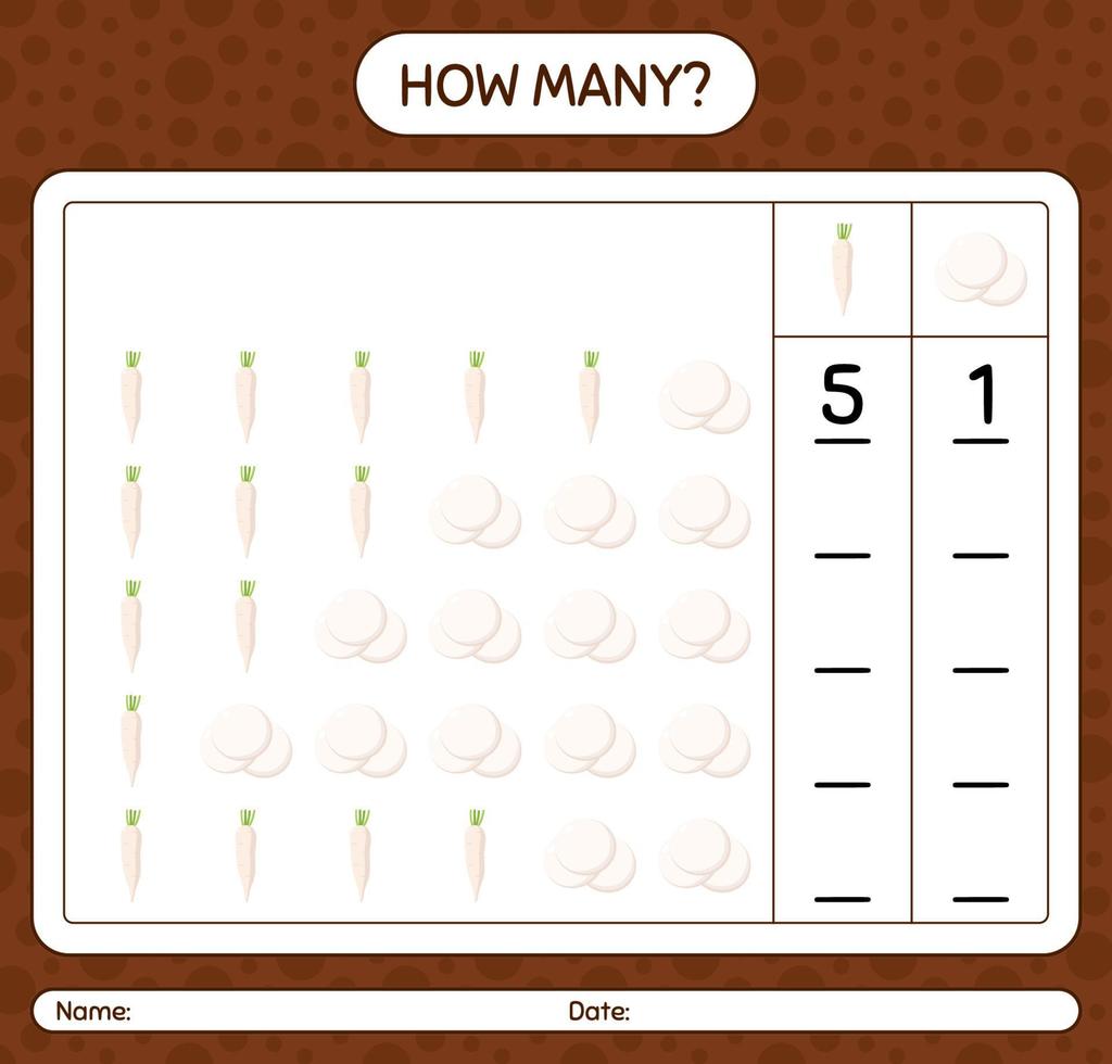 quantos jogo de contagem com daikon. planilha para crianças pré-escolares, folha de atividades para crianças, planilha para impressão vetor