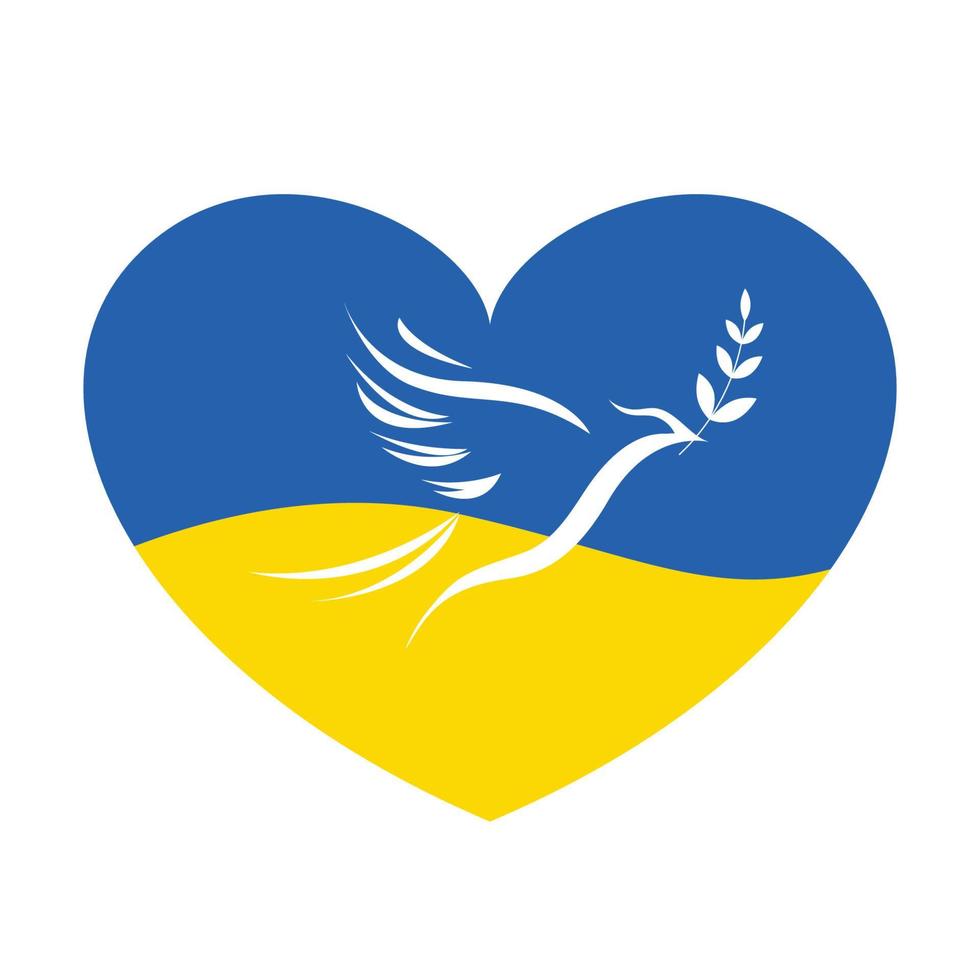 pomba da paz no fundo da bandeira ucraniana de forma de coração. conflito militar ucrânia e rússia. parar a guerra mundial. símbolo de paz e liberdade no fundo da bandeira ucraniana de forma de coração vetor