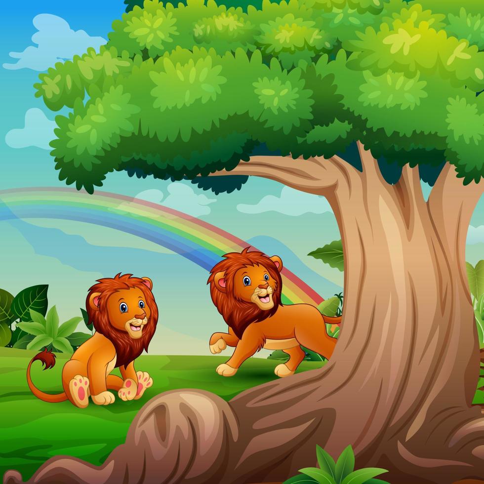 desenho animado dois leões brincando debaixo da grande árvore vetor