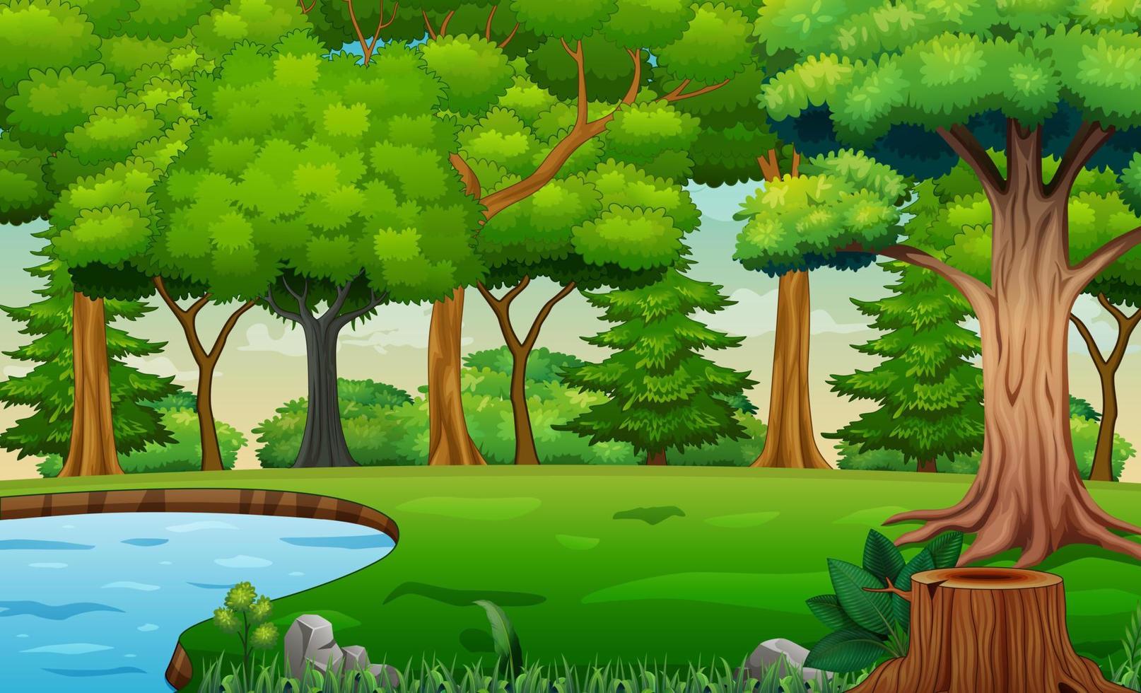 cena de fundo com árvores e uma lagoa vetor