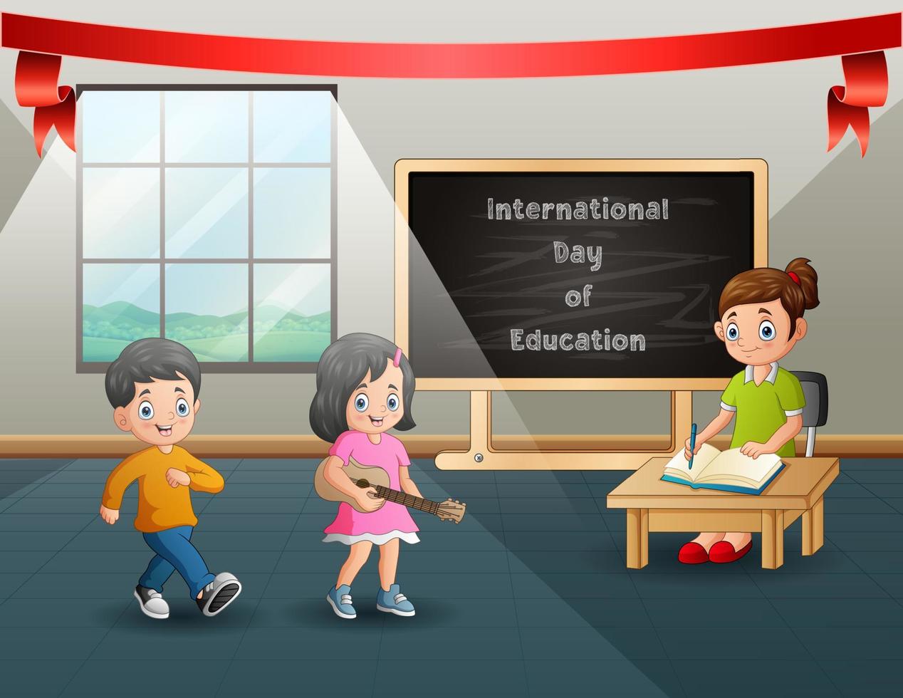 dia internacional da educação com o professor ensinando seus alunos em sala de aula vetor