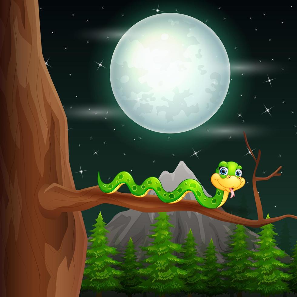 paisagem noturna com uma cobra verde na árvore vetor