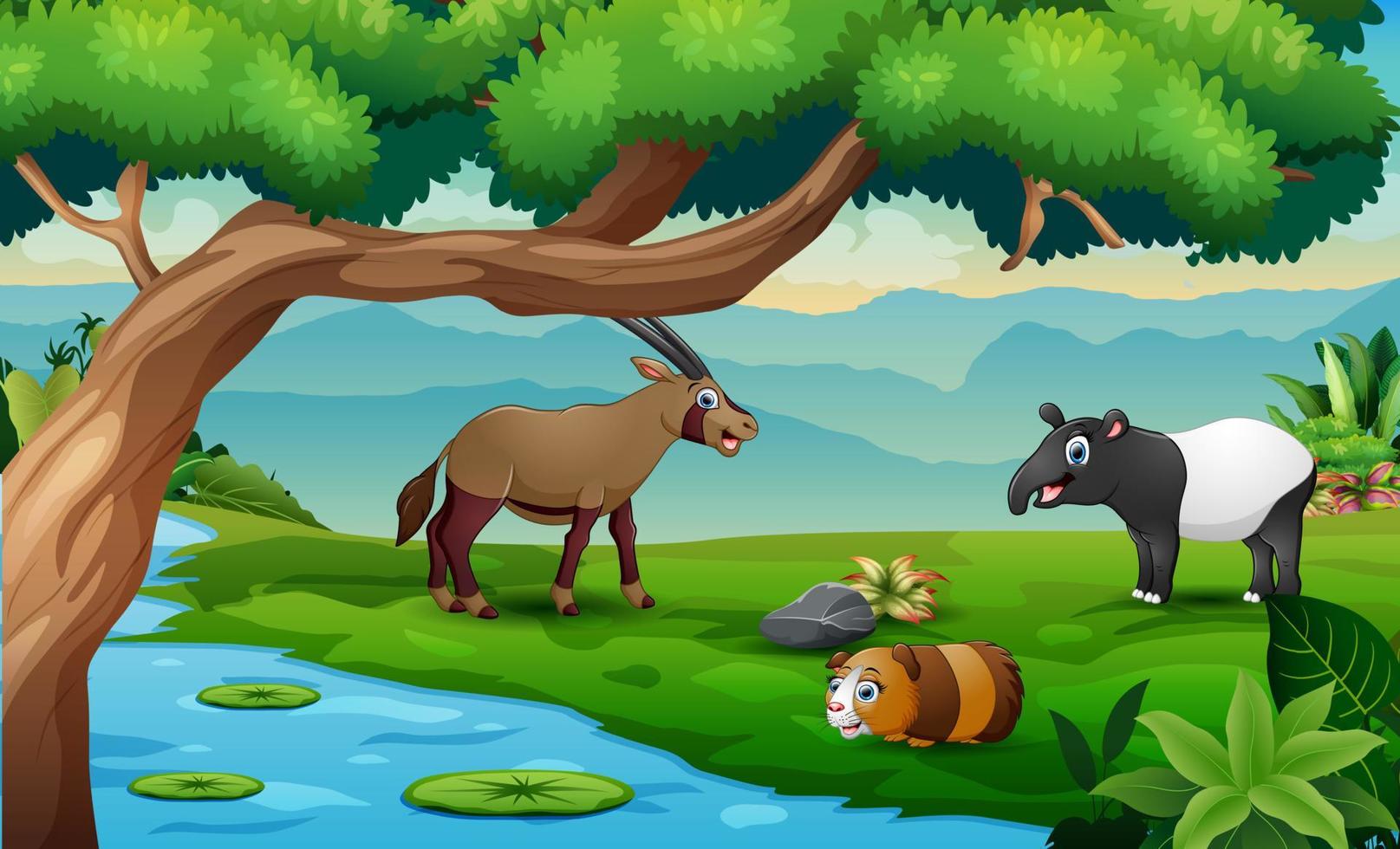 desenhos animados de animais selvagens brincando no prado à beira do rio vetor